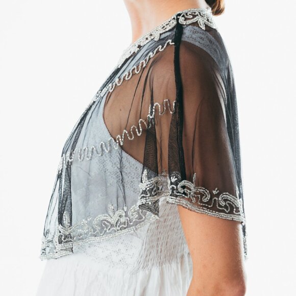 Beaded special occasion shrug  Black silver shiny evening capelet /Sequin Poncho - Picture 3 of 5